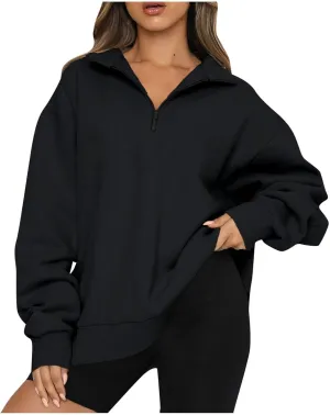 Womens Quarter Zip Trendy Sweatshirts Plain Oversized Long Sleeve Loose Fit Casual Pullover Tops Fall Y2K Clothes