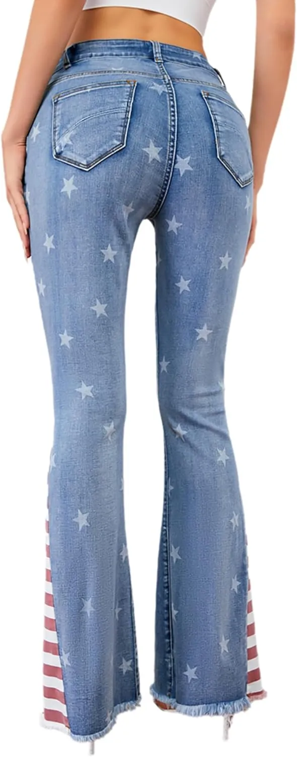 Women's Ripped American Flag Bell Bottom Jeans High Waisted Frayed Raw Hem Casual Slim Denim Pants