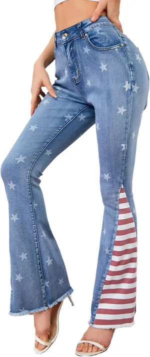 Women's Ripped American Flag Bell Bottom Jeans High Waisted Frayed Raw Hem Casual Slim Denim Pants