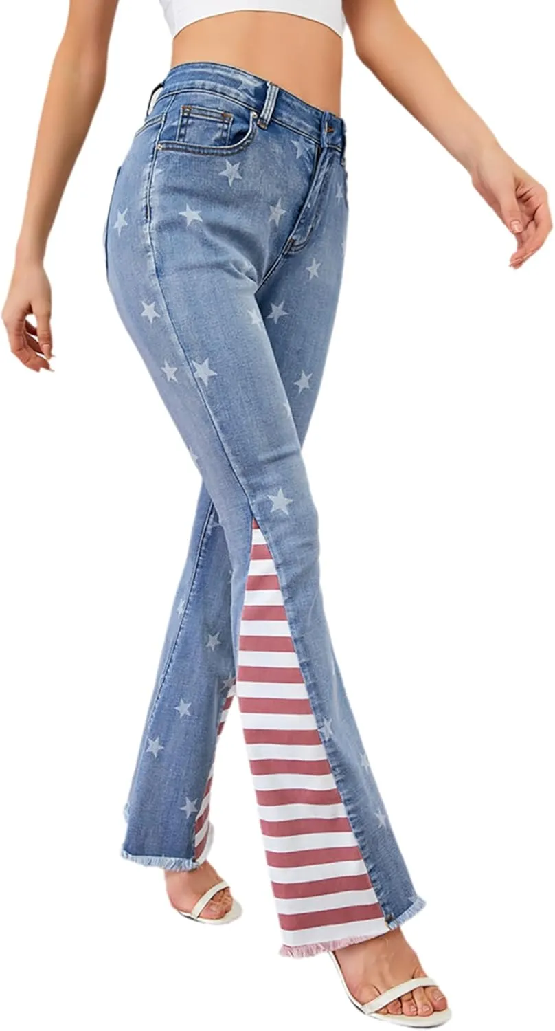 Women's Ripped American Flag Bell Bottom Jeans High Waisted Frayed Raw Hem Casual Slim Denim Pants