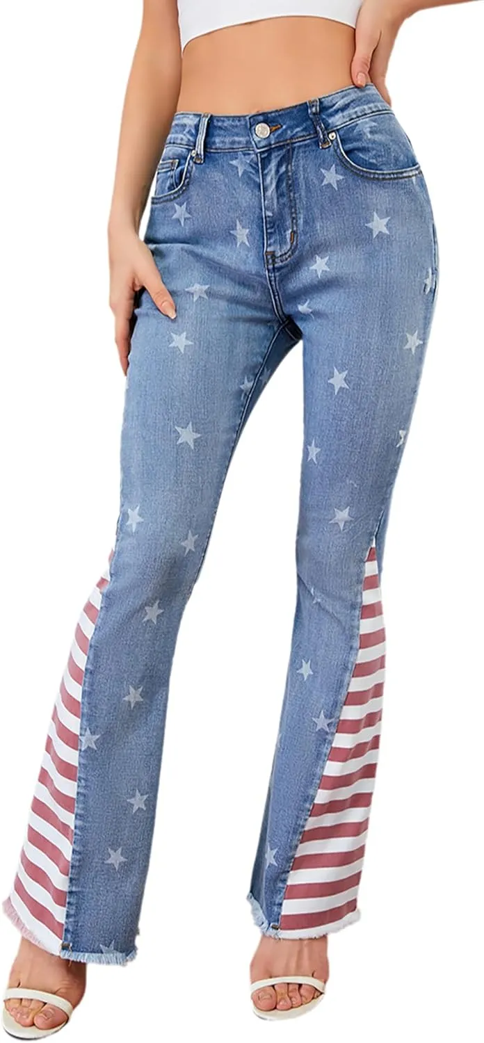 Women's Ripped American Flag Bell Bottom Jeans High Waisted Frayed Raw Hem Casual Slim Denim Pants