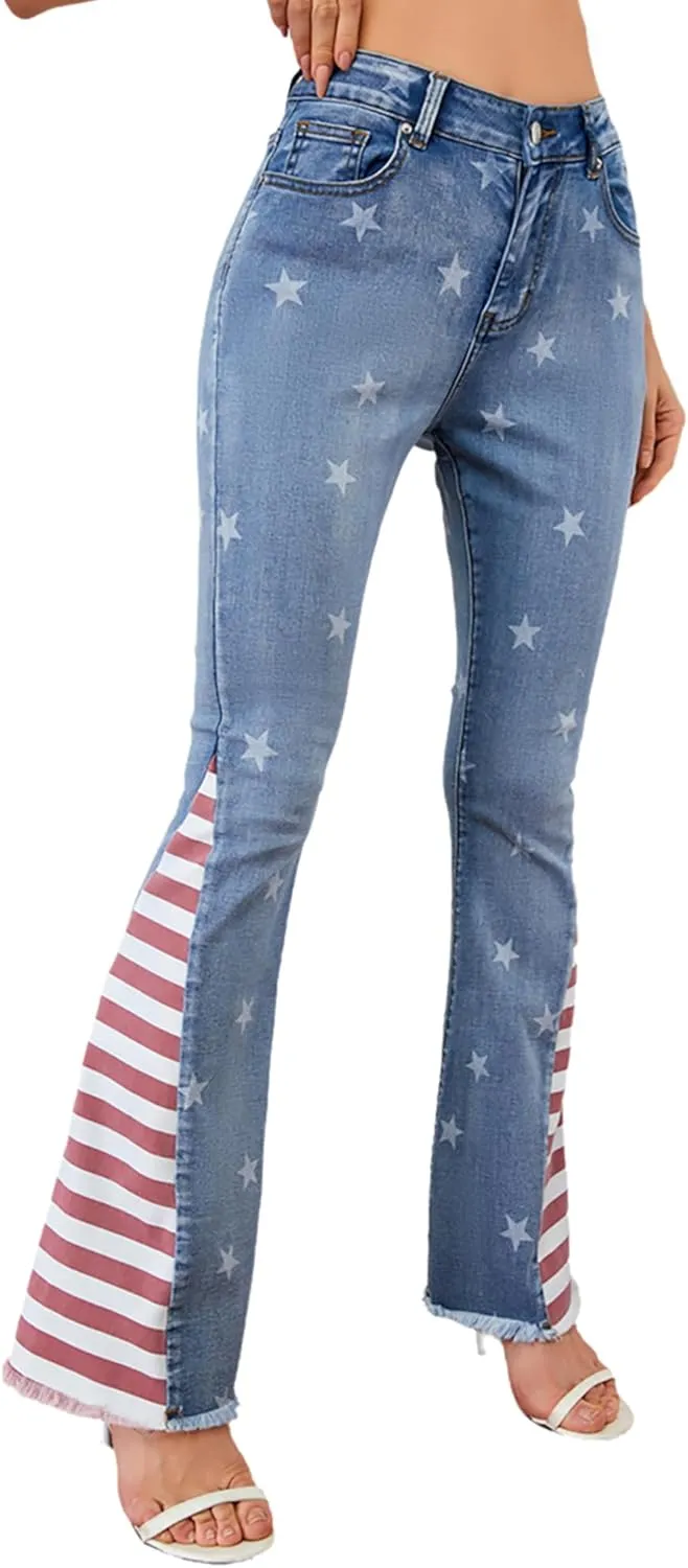 Women's Ripped American Flag Bell Bottom Jeans High Waisted Frayed Raw Hem Casual Slim Denim Pants