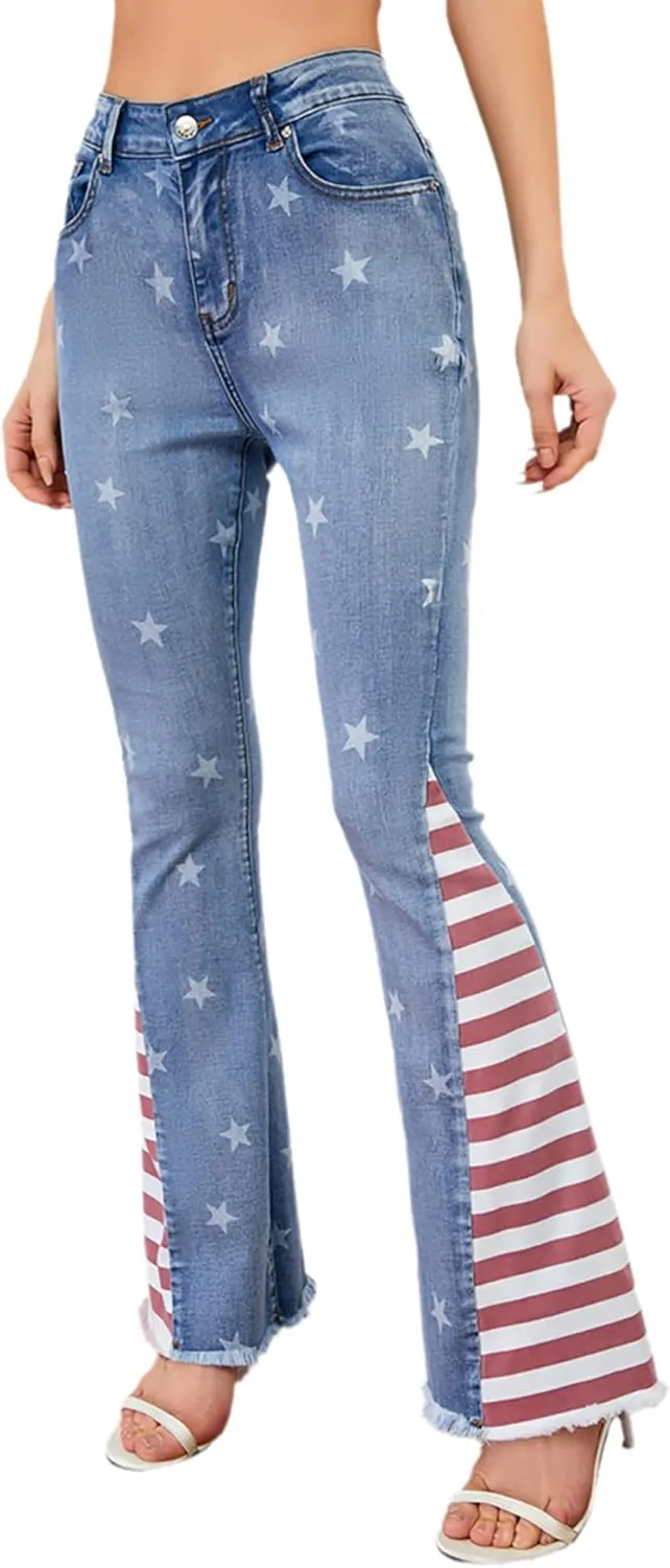Women's Ripped American Flag Bell Bottom Jeans High Waisted Frayed Raw Hem Casual Slim Denim Pants