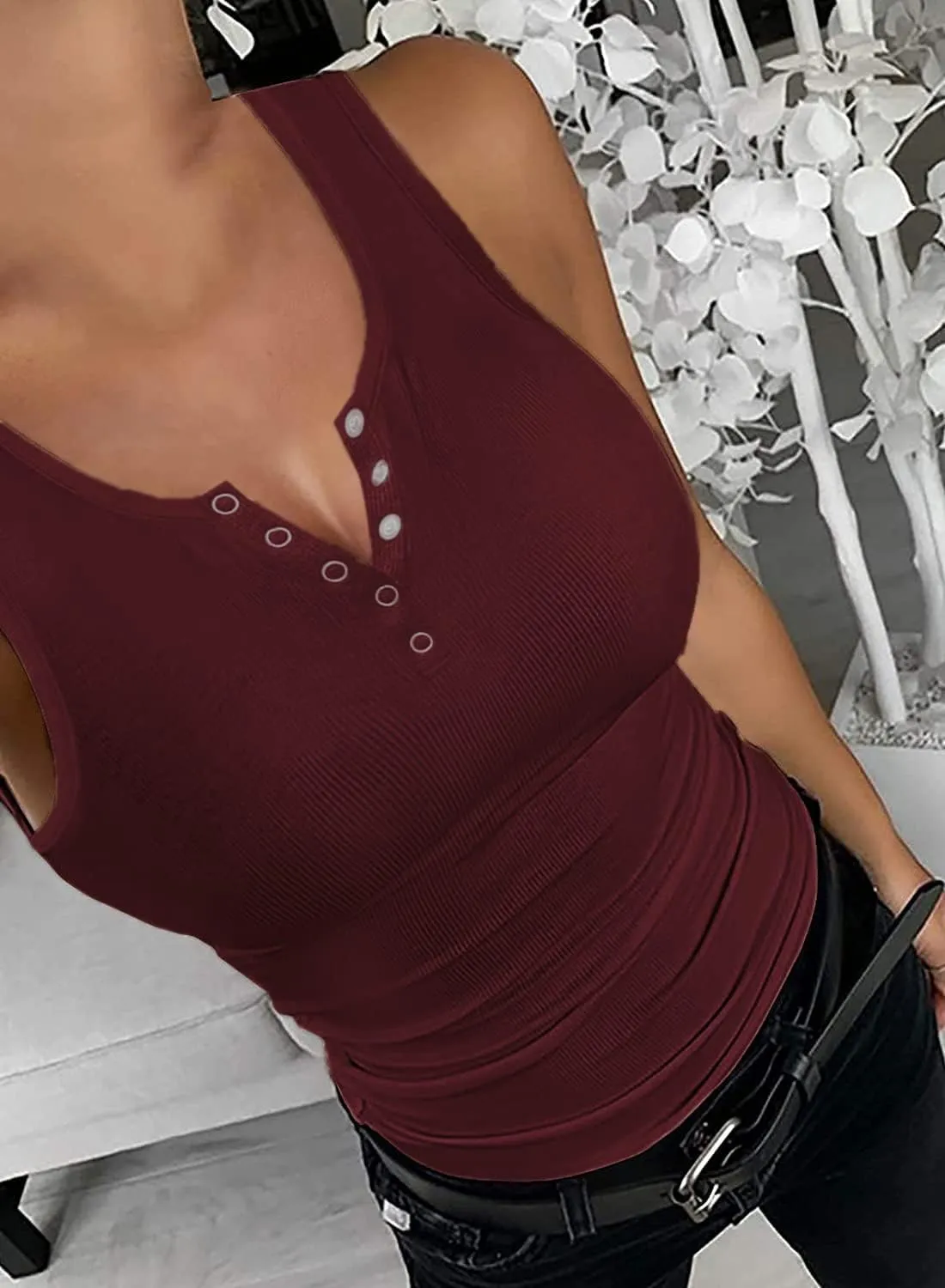 Womens Scoop Neck Henley Tank Tops Low Cut Solid Sexy Summer Sleeveless Button Down Shirts