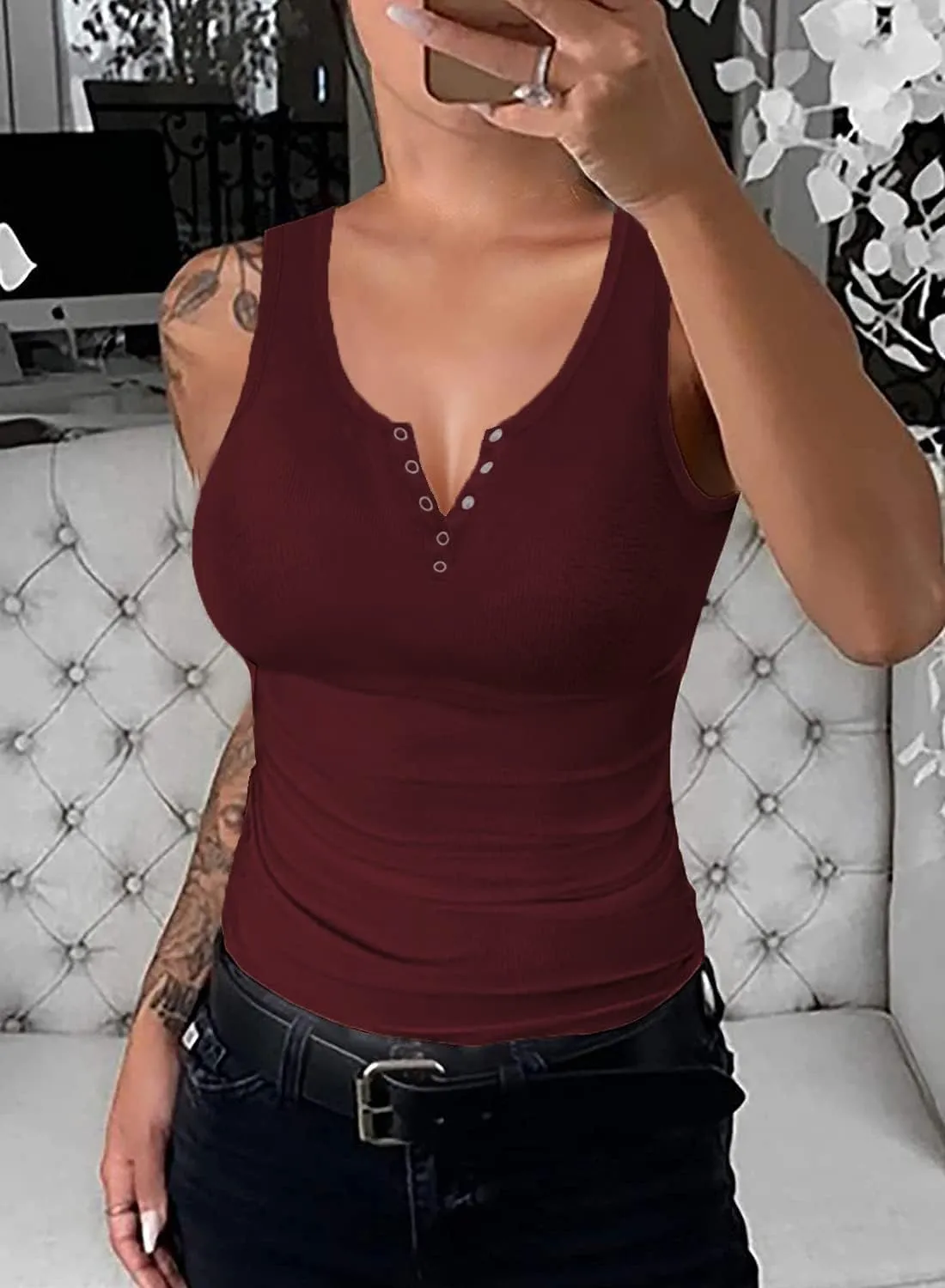 Womens Scoop Neck Henley Tank Tops Low Cut Solid Sexy Summer Sleeveless Button Down Shirts