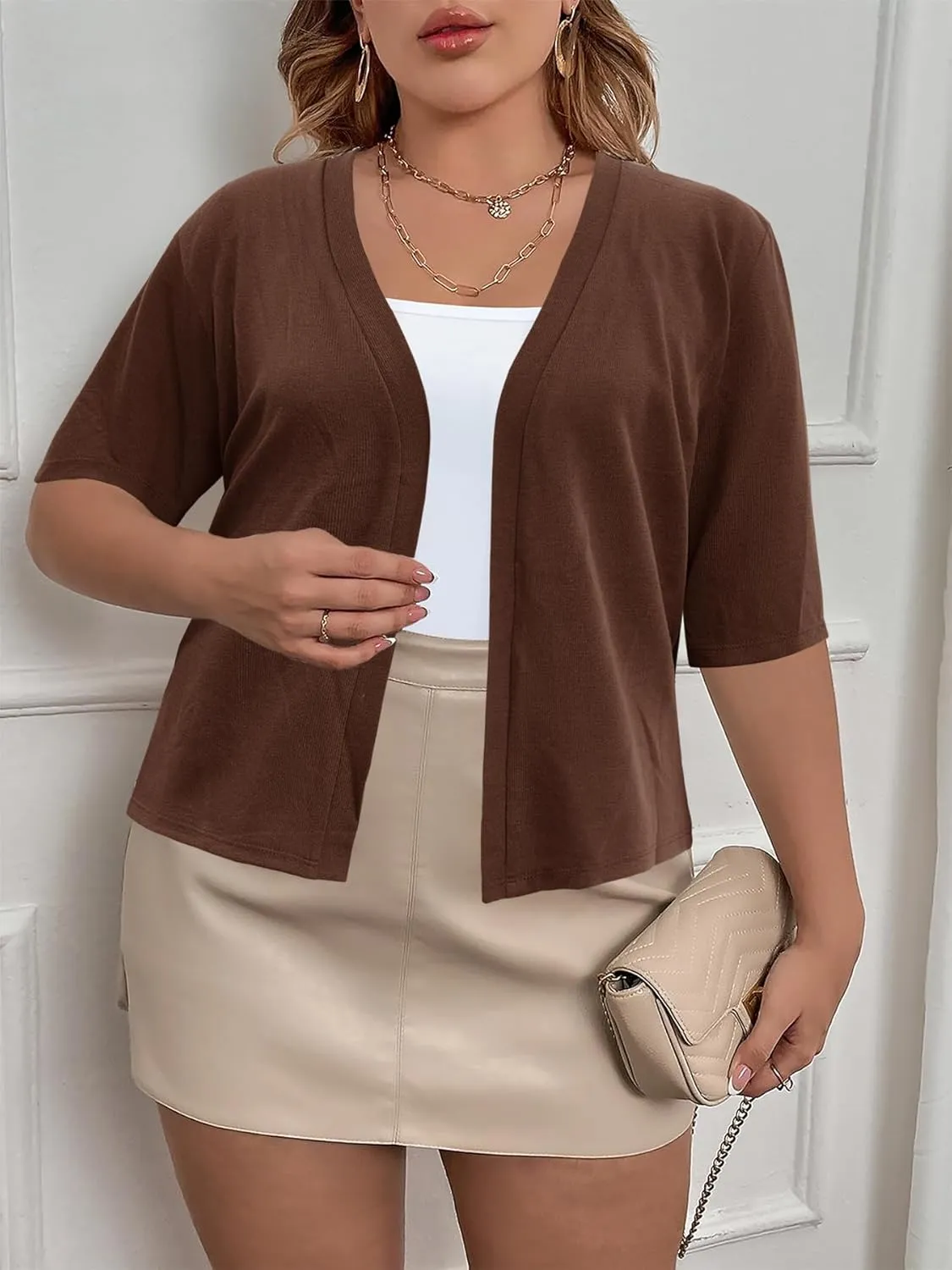 Women's Short Sleeve Cardigan Knit Sweaters Cropped Open Front Shrug Bolero