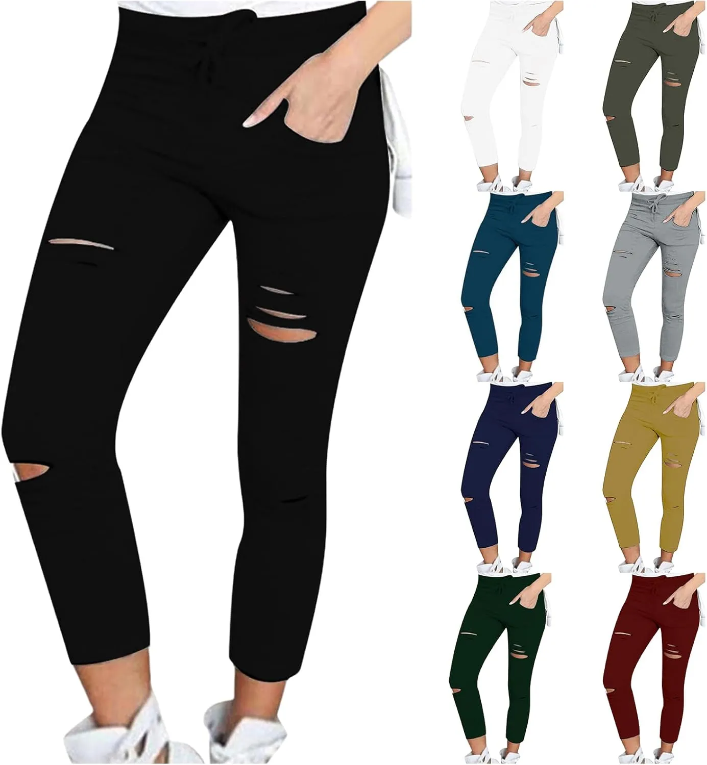 Womens Skinny Leggings Cutout Ripped High Waist Drawstring Distressed Workout Stretchy Slim Capri Leggings Yoga Pants