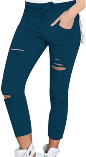 Womens Skinny Leggings Cutout Ripped High Waist Drawstring Distressed Workout Stretchy Slim Capri Leggings Yoga Pants