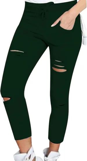 Womens Skinny Leggings Cutout Ripped High Waist Drawstring Distressed Workout Stretchy Slim Capri Leggings Yoga Pants