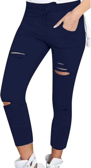 Womens Skinny Leggings Cutout Ripped High Waist Drawstring Distressed Workout Stretchy Slim Capri Leggings Yoga Pants