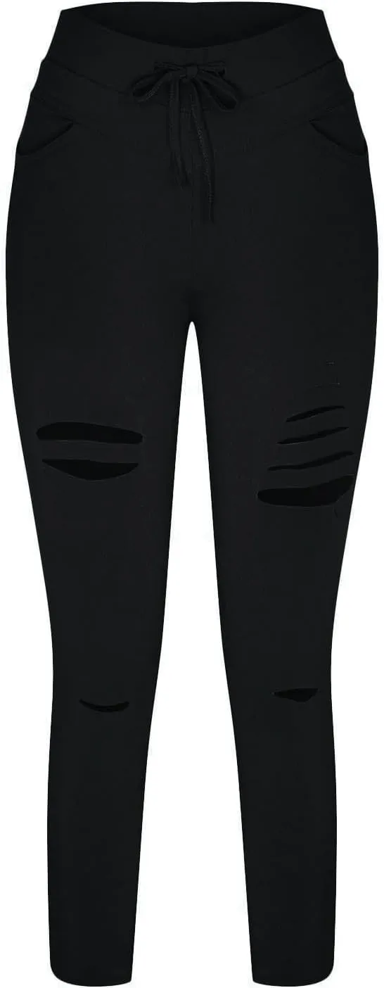 Womens Skinny Leggings Cutout Ripped High Waist Drawstring Distressed Workout Stretchy Slim Capri Leggings Yoga Pants