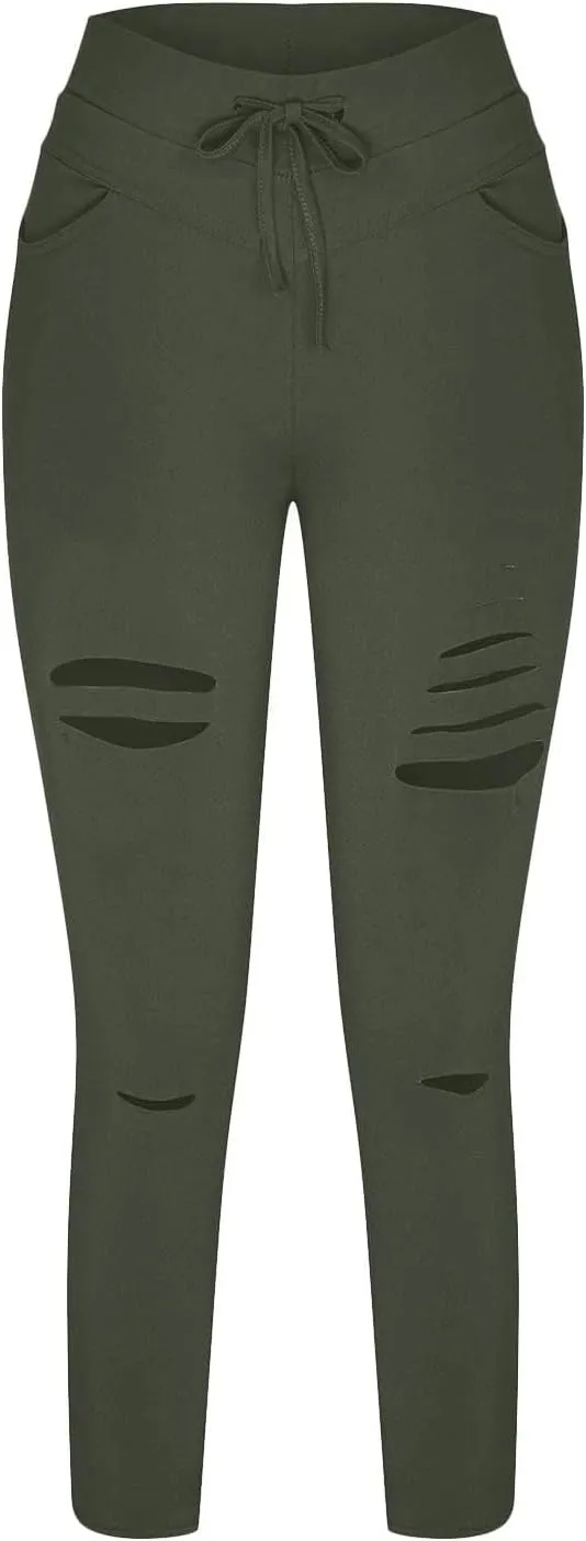 Womens Skinny Leggings Cutout Ripped High Waist Drawstring Distressed Workout Stretchy Slim Capri Leggings Yoga Pants