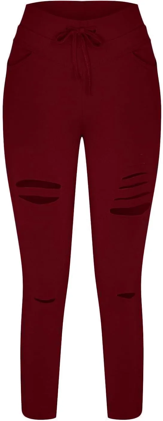 Womens Skinny Leggings Cutout Ripped High Waist Drawstring Distressed Workout Stretchy Slim Capri Leggings Yoga Pants