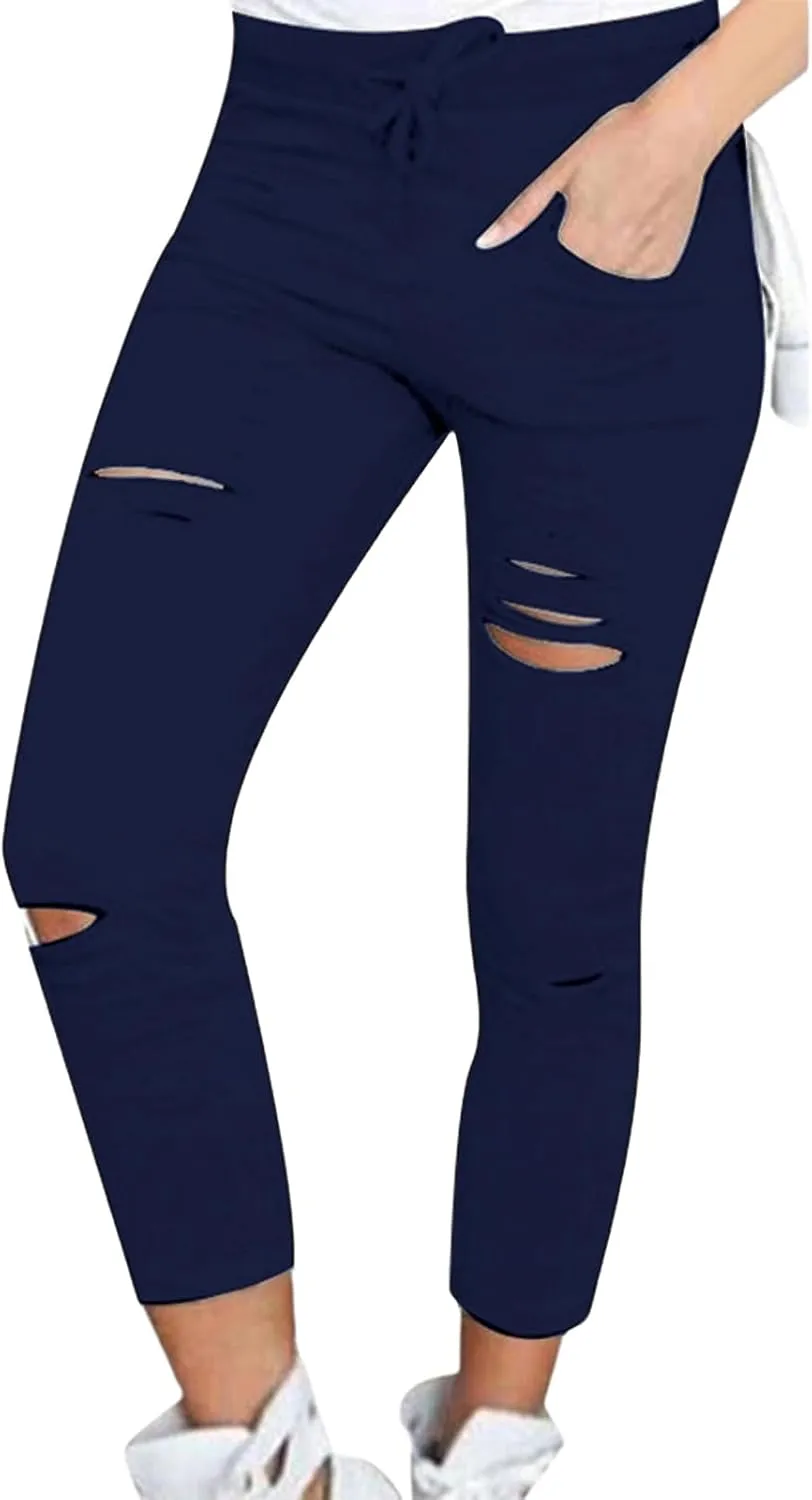 Womens Skinny Leggings Cutout Ripped High Waist Drawstring Distressed Workout Stretchy Slim Capri Leggings Yoga Pants
