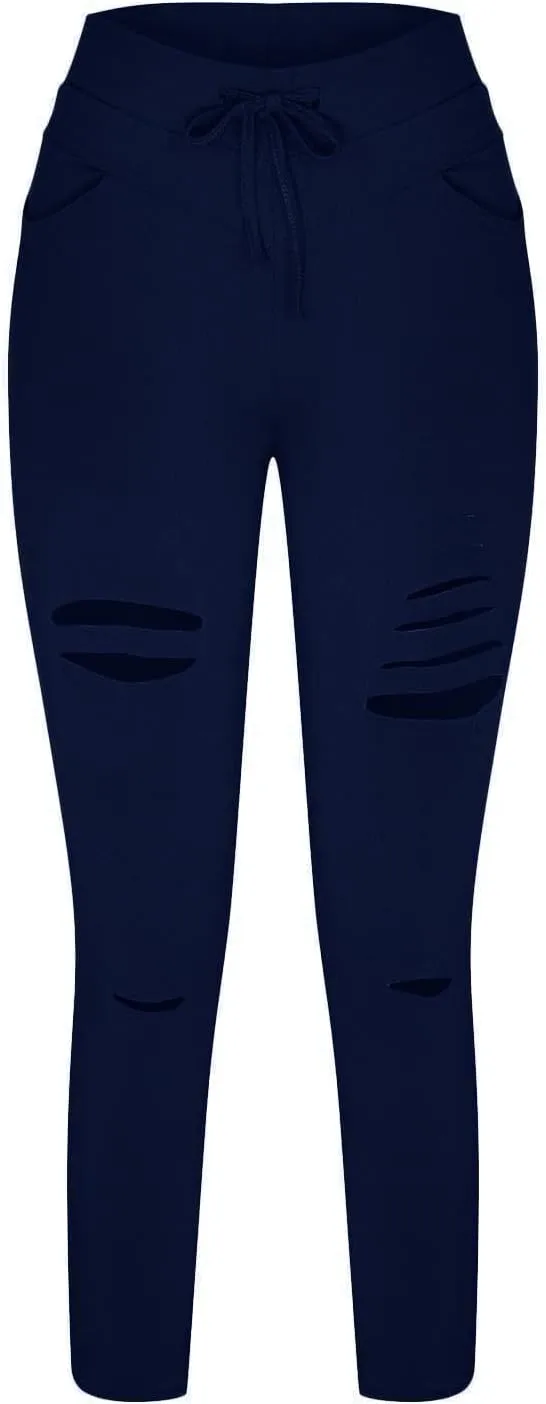 Womens Skinny Leggings Cutout Ripped High Waist Drawstring Distressed Workout Stretchy Slim Capri Leggings Yoga Pants