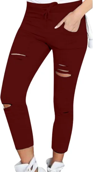 Womens Skinny Leggings Cutout Ripped High Waist Drawstring Distressed Workout Stretchy Slim Capri Leggings Yoga Pants