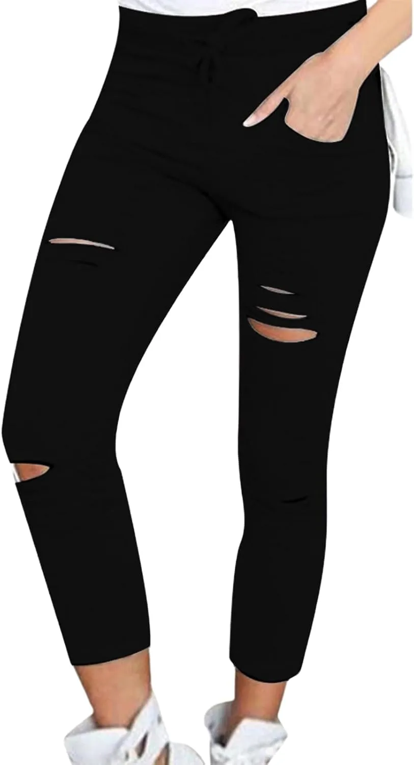 Womens Skinny Leggings Cutout Ripped High Waist Drawstring Distressed Workout Stretchy Slim Capri Leggings Yoga Pants