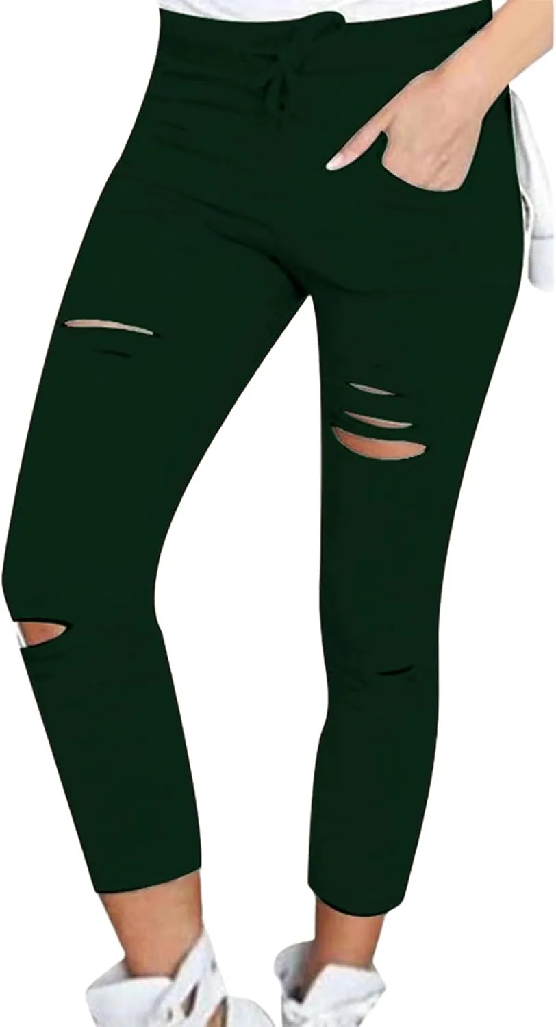 Womens Skinny Leggings Cutout Ripped High Waist Drawstring Distressed Workout Stretchy Slim Capri Leggings Yoga Pants