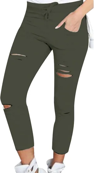 Womens Skinny Leggings Cutout Ripped High Waist Drawstring Distressed Workout Stretchy Slim Capri Leggings Yoga Pants