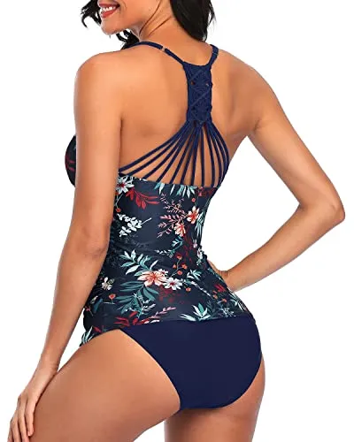 Womens Slimming Figure Flattering Two Piece Tankini-Blue Colorul Flowers