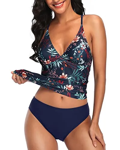 Womens Slimming Figure Flattering Two Piece Tankini-Blue Colorul Flowers