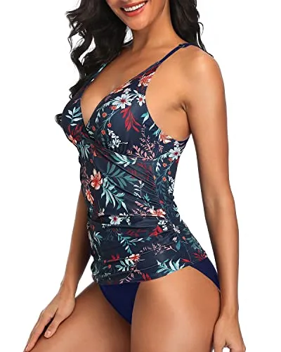 Womens Slimming Figure Flattering Two Piece Tankini-Blue Colorul Flowers