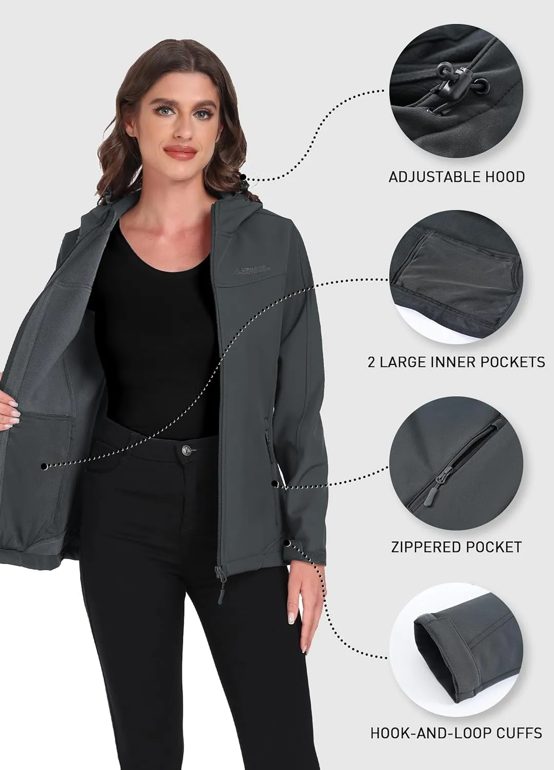 Women's Softshell Jacket Lightweight Fleece Lined Waterproof Coats Rain Jacket with Hood for Outdoor Hiking