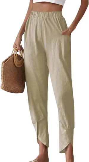 Women's Straight Leg Cotton Linen Capri Pants Loose Fit Elastic Waist Irregular Slit Hem Cropped Pants with Pockets