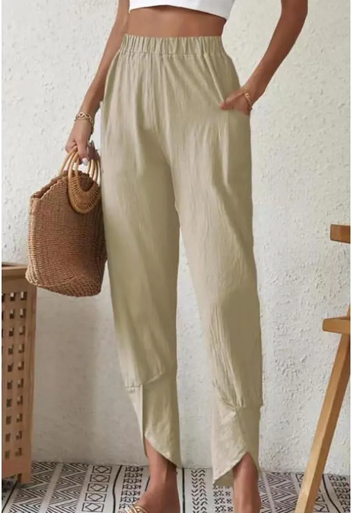 Women's Straight Leg Cotton Linen Capri Pants Loose Fit Elastic Waist Irregular Slit Hem Cropped Pants with Pockets