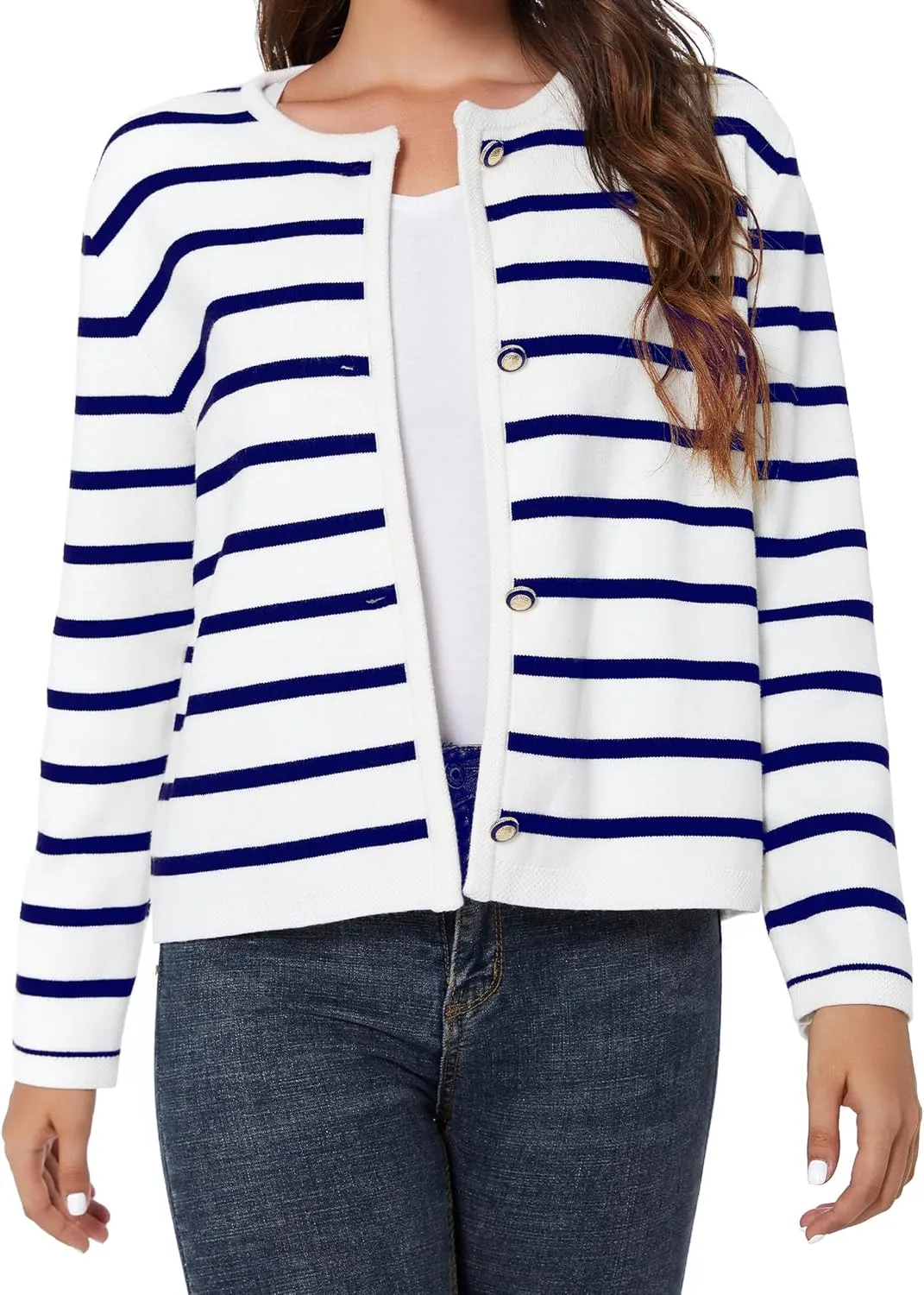 Women's Striped Cardigan Sweater Trendy Long Sleeve Button Down Crewneck Knit Cardigans