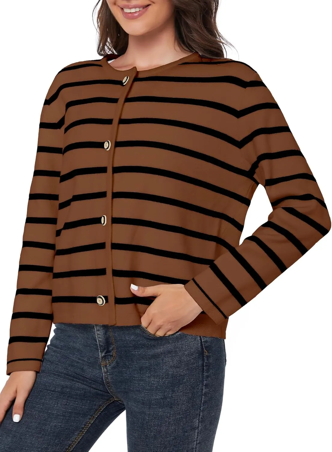 Women's Striped Cardigan Sweater Trendy Long Sleeve Button Down Crewneck Knit Cardigans