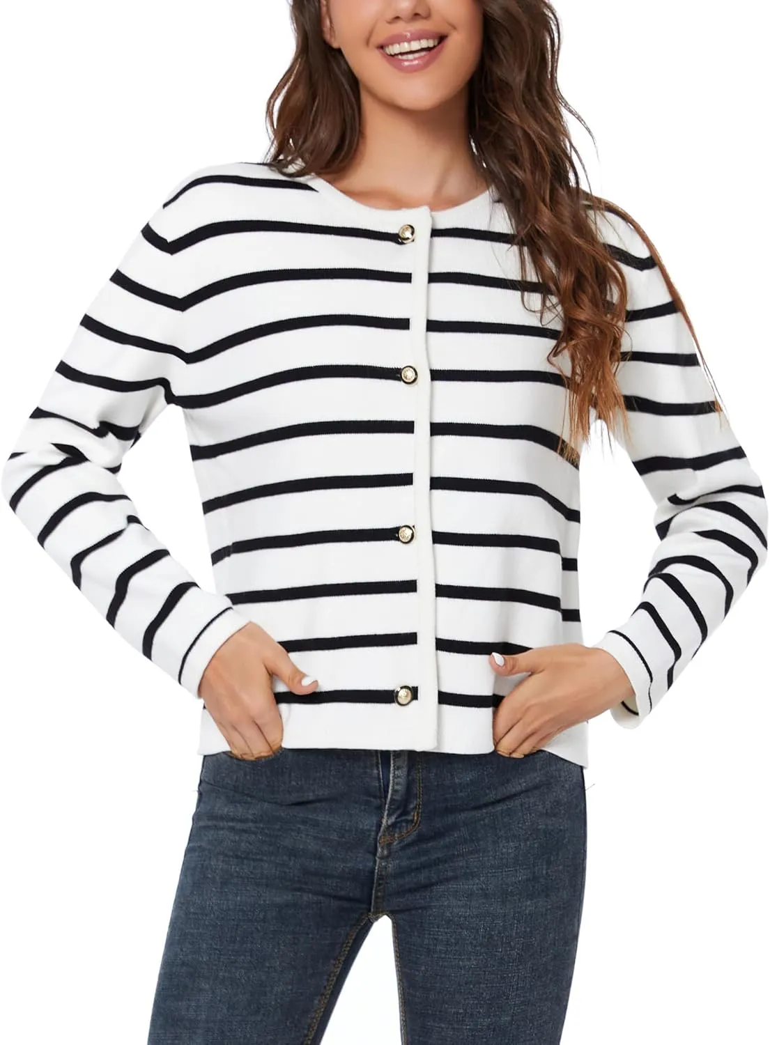 Women's Striped Cardigan Sweater Trendy Long Sleeve Button Down Crewneck Knit Cardigans