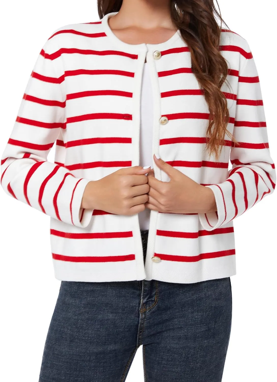 Women's Striped Cardigan Sweater Trendy Long Sleeve Button Down Crewneck Knit Cardigans