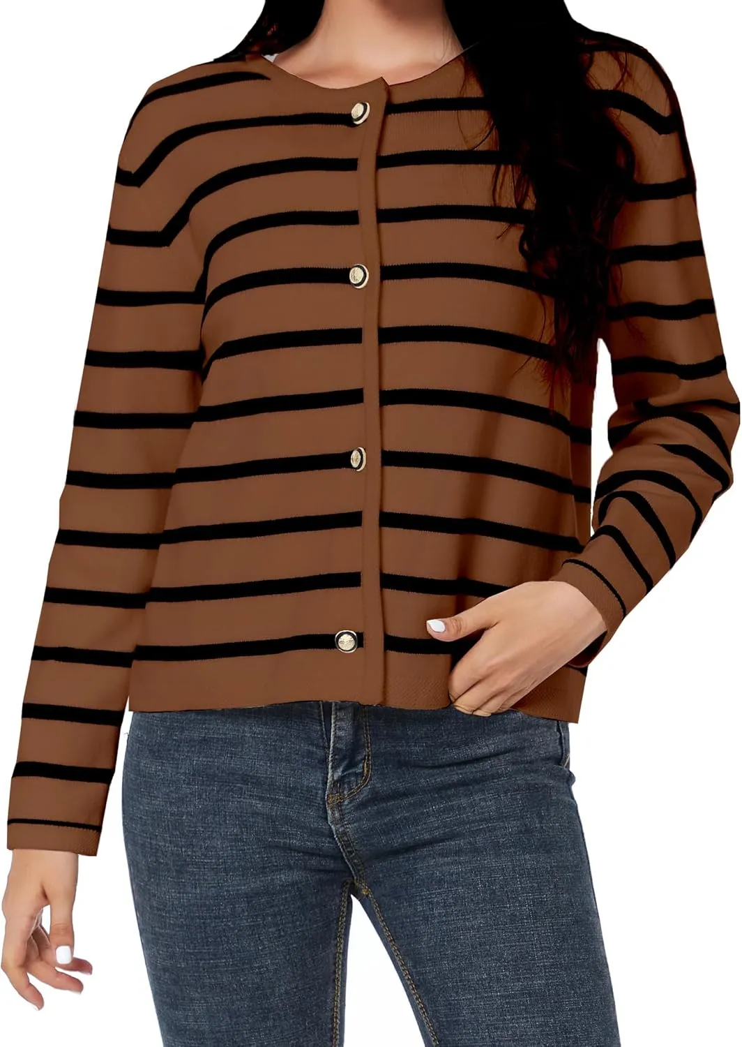 Women's Striped Cardigan Sweater Trendy Long Sleeve Button Down Crewneck Knit Cardigans