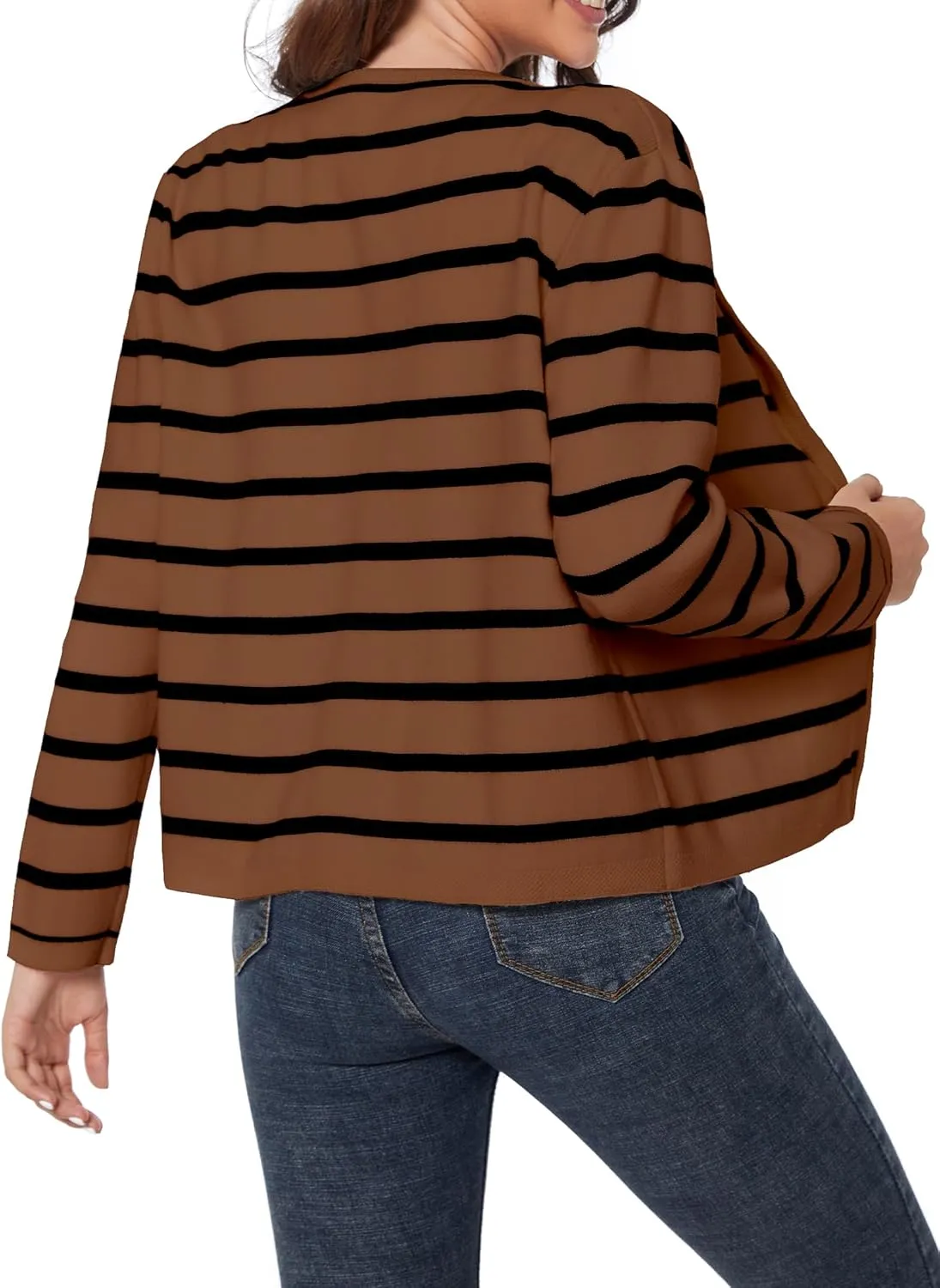 Women's Striped Cardigan Sweater Trendy Long Sleeve Button Down Crewneck Knit Cardigans