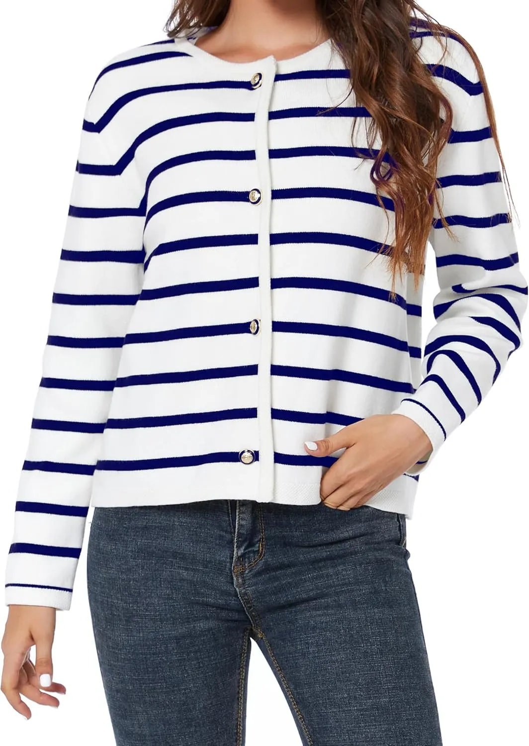 Women's Striped Cardigan Sweater Trendy Long Sleeve Button Down Crewneck Knit Cardigans