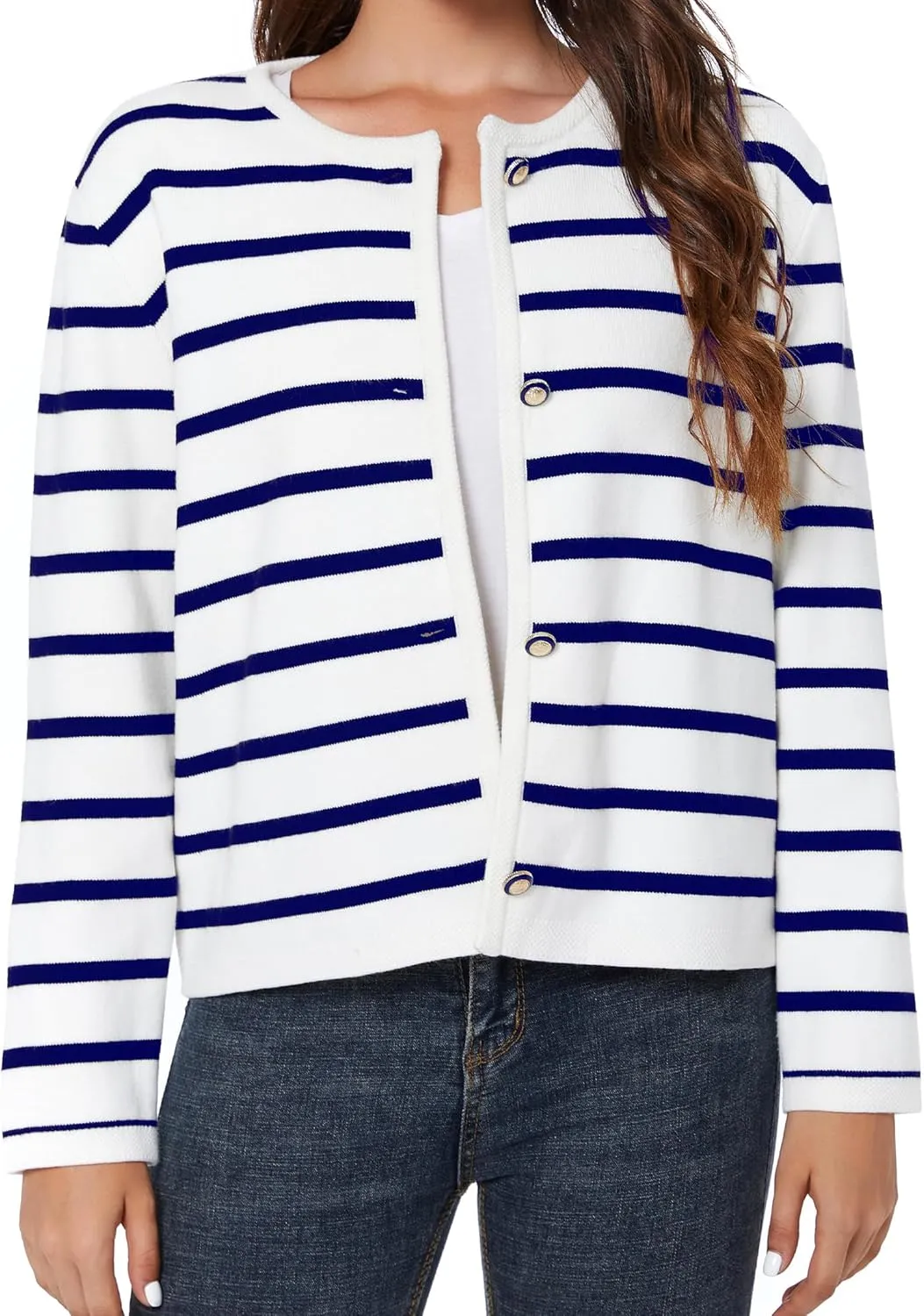 Women's Striped Cardigan Sweater Trendy Long Sleeve Button Down Crewneck Knit Cardigans