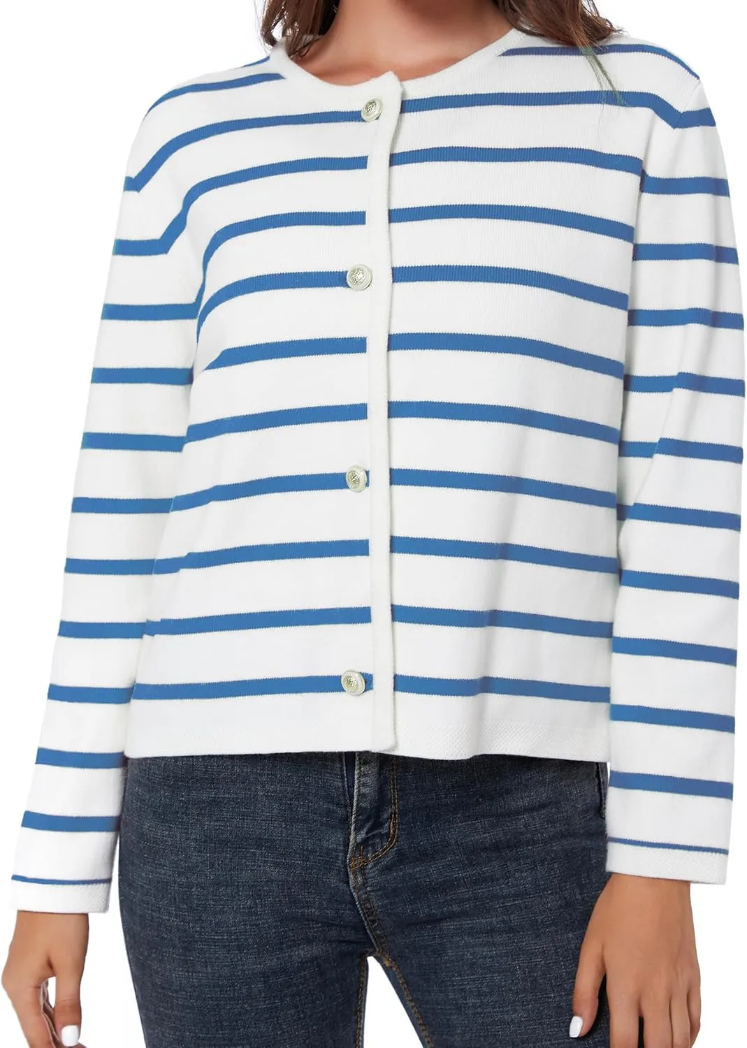 Women's Striped Cardigan Sweater Trendy Long Sleeve Button Down Crewneck Knit Cardigans