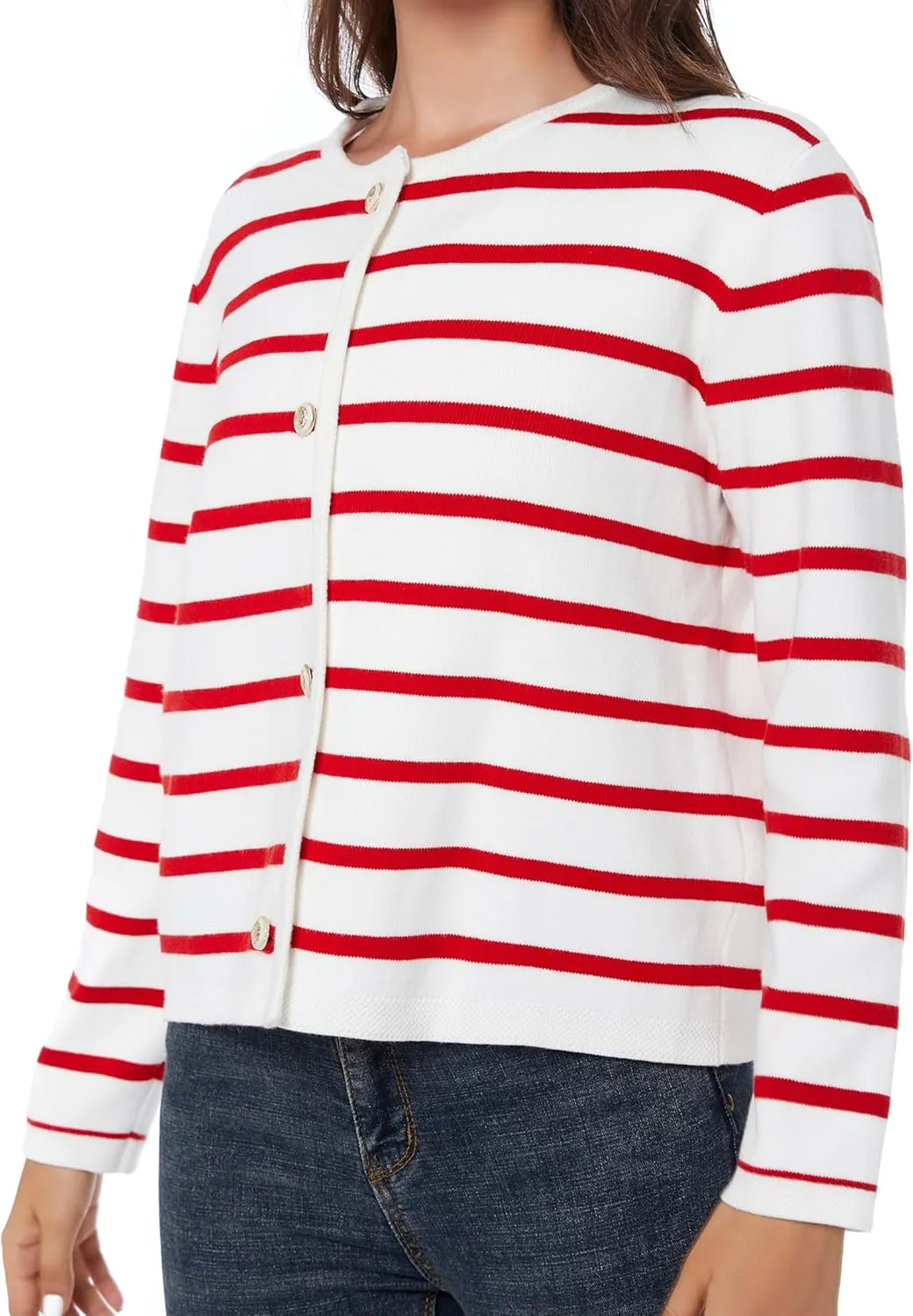 Women's Striped Cardigan Sweater Trendy Long Sleeve Button Down Crewneck Knit Cardigans