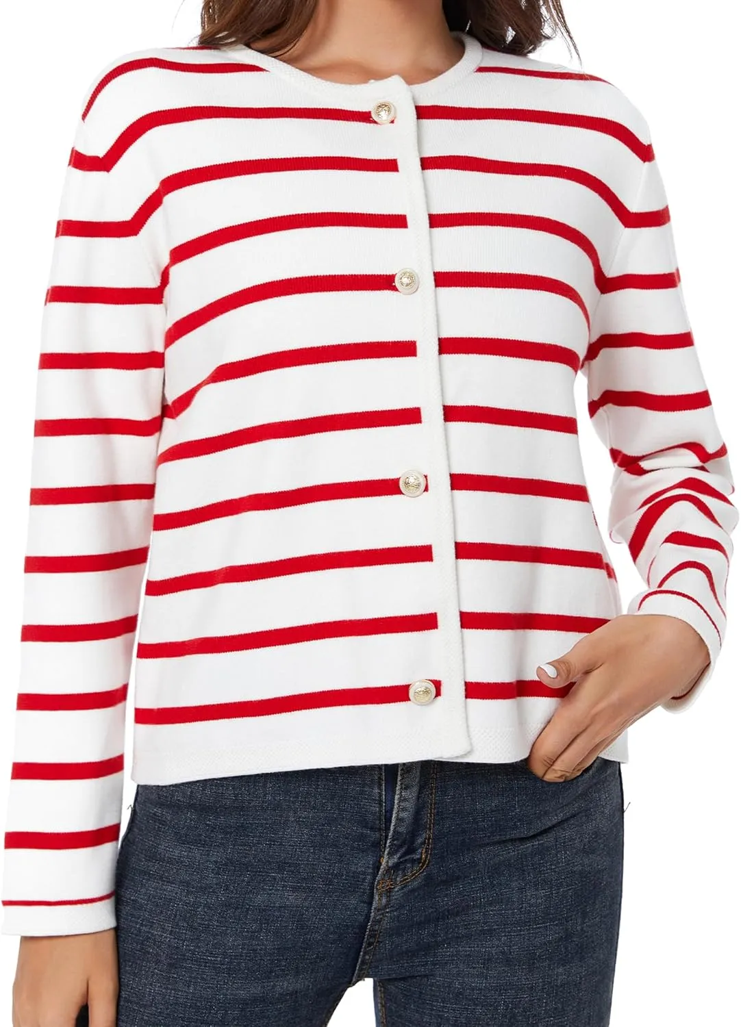 Women's Striped Cardigan Sweater Trendy Long Sleeve Button Down Crewneck Knit Cardigans