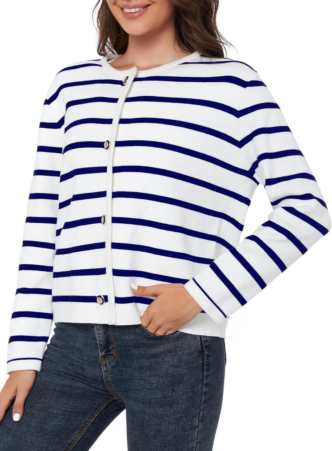 Women's Striped Cardigan Sweater Trendy Long Sleeve Button Down Crewneck Knit Cardigans