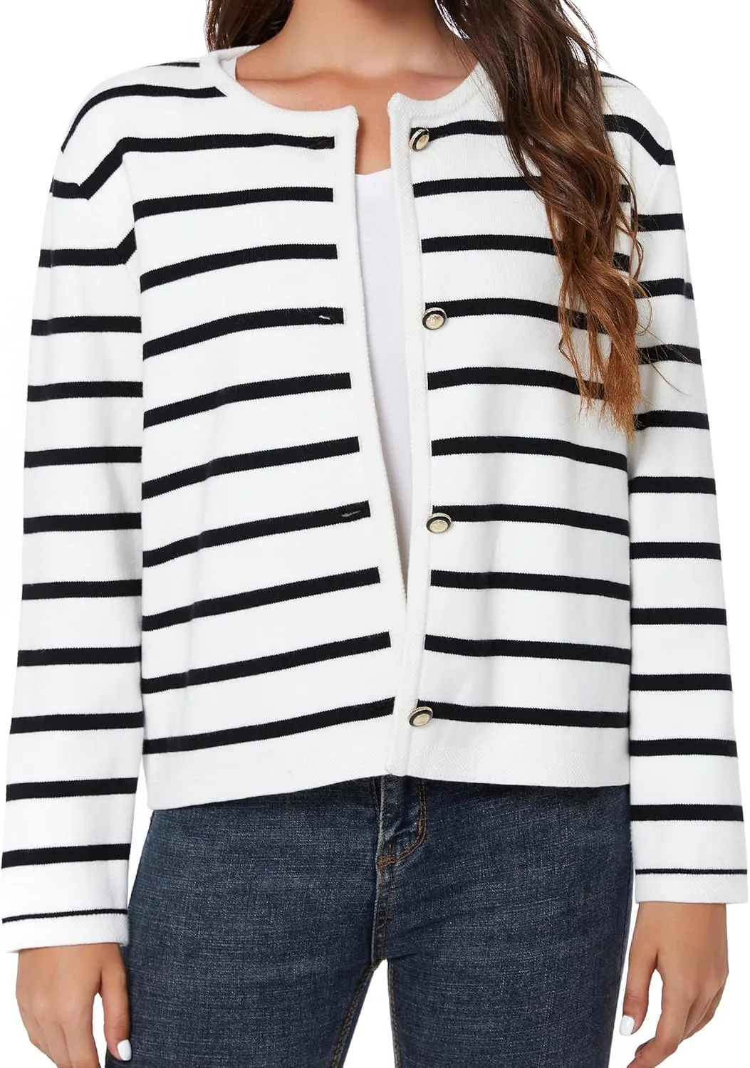 Women's Striped Cardigan Sweater Trendy Long Sleeve Button Down Crewneck Knit Cardigans