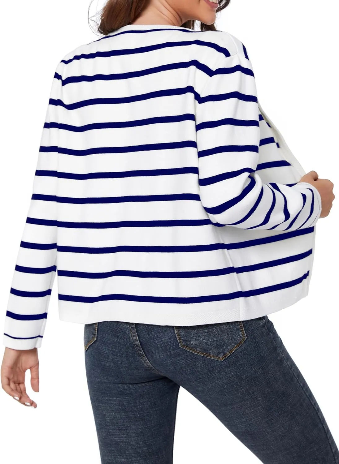 Women's Striped Cardigan Sweater Trendy Long Sleeve Button Down Crewneck Knit Cardigans