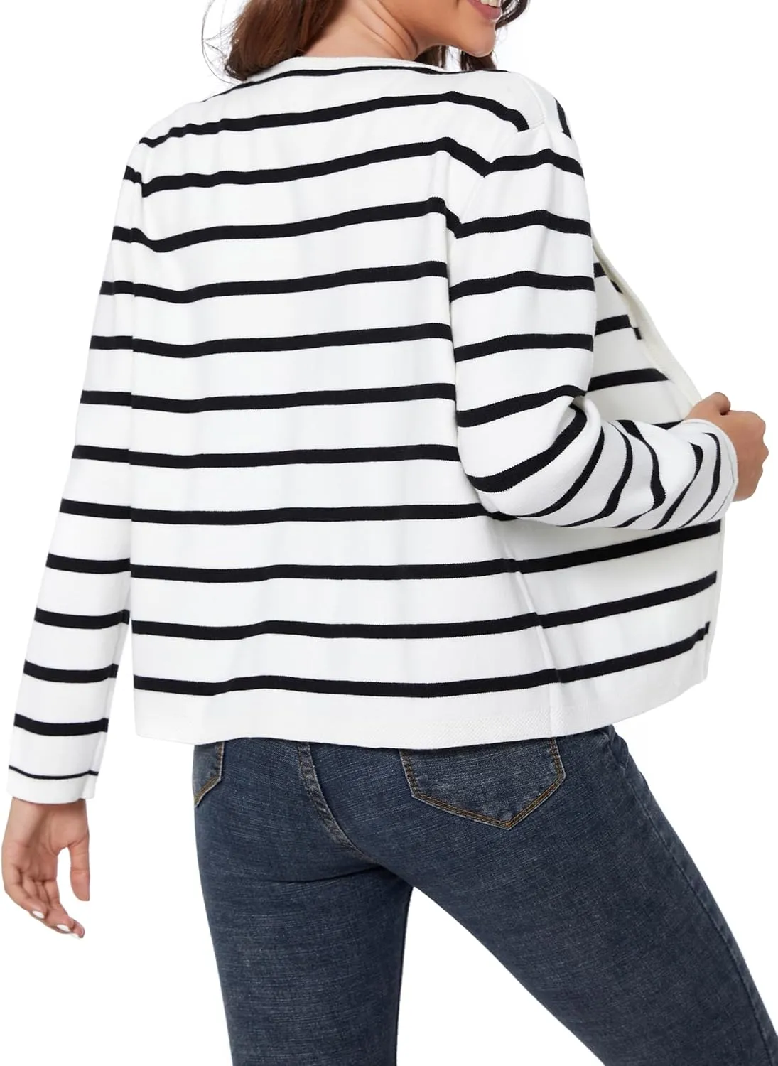 Women's Striped Cardigan Sweater Trendy Long Sleeve Button Down Crewneck Knit Cardigans