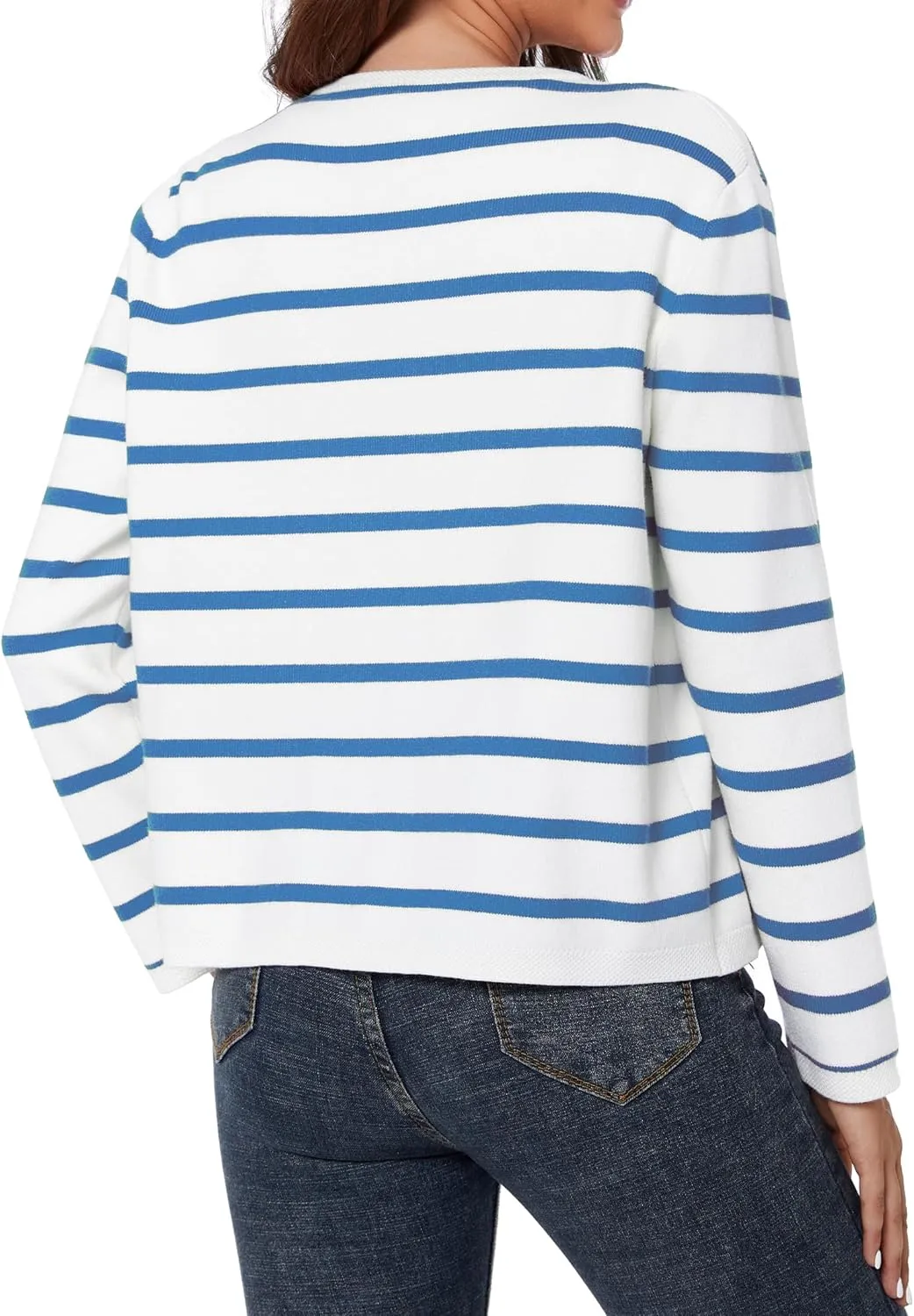 Women's Striped Cardigan Sweater Trendy Long Sleeve Button Down Crewneck Knit Cardigans