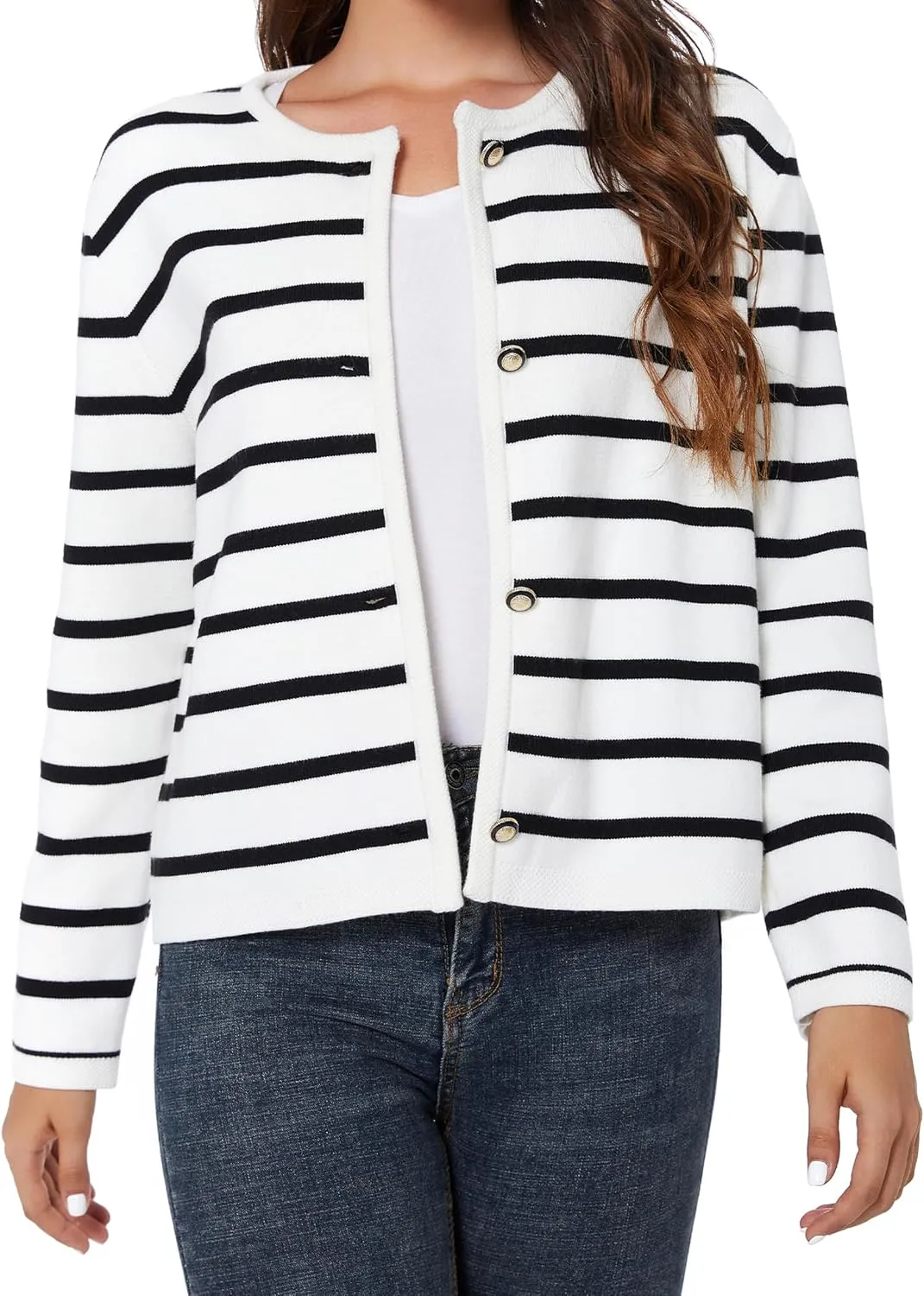 Women's Striped Cardigan Sweater Trendy Long Sleeve Button Down Crewneck Knit Cardigans