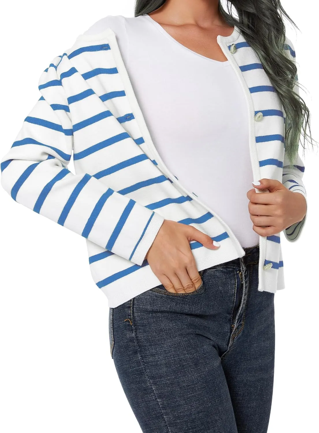 Women's Striped Cardigan Sweater Trendy Long Sleeve Button Down Crewneck Knit Cardigans
