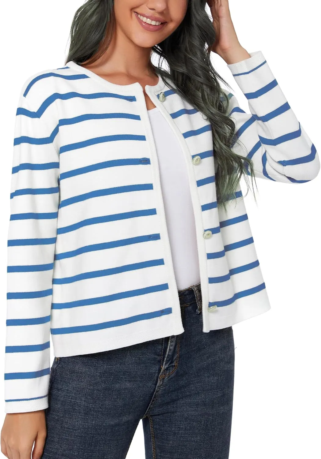 Women's Striped Cardigan Sweater Trendy Long Sleeve Button Down Crewneck Knit Cardigans