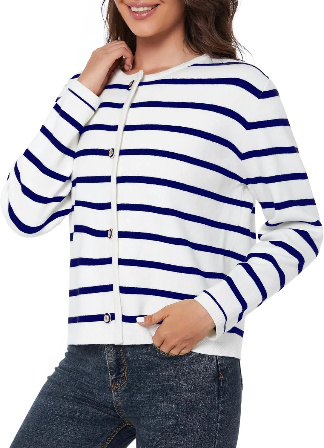 Women's Striped Cardigan Sweater Trendy Long Sleeve Button Down Crewneck Knit Cardigans