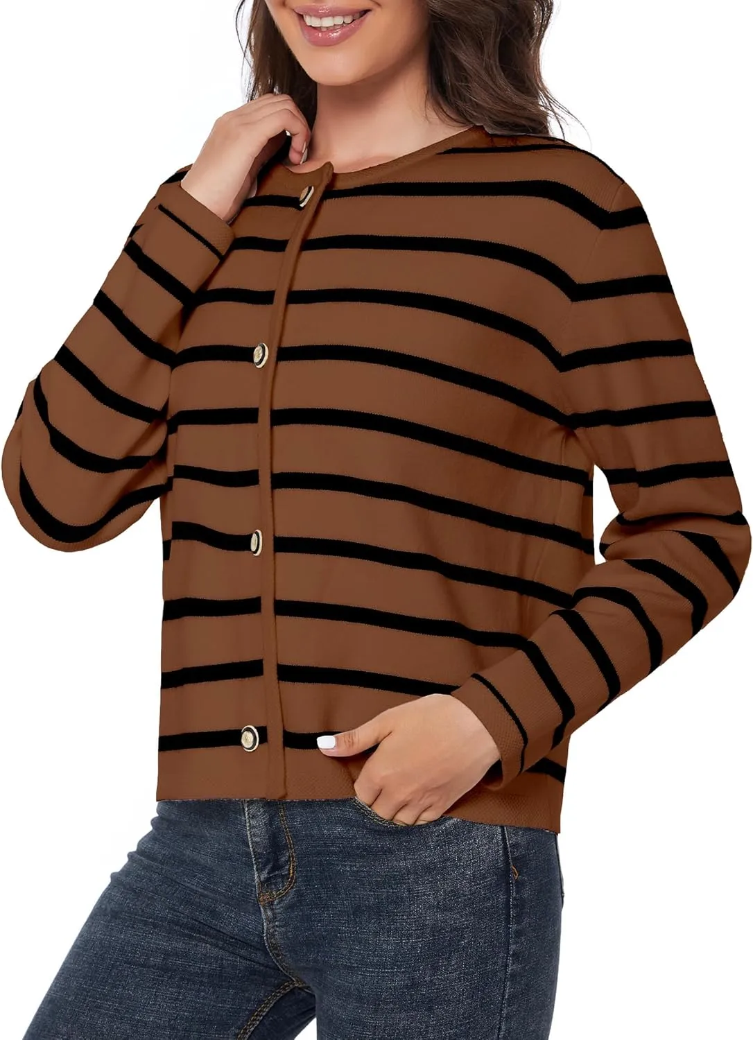 Women's Striped Cardigan Sweater Trendy Long Sleeve Button Down Crewneck Knit Cardigans